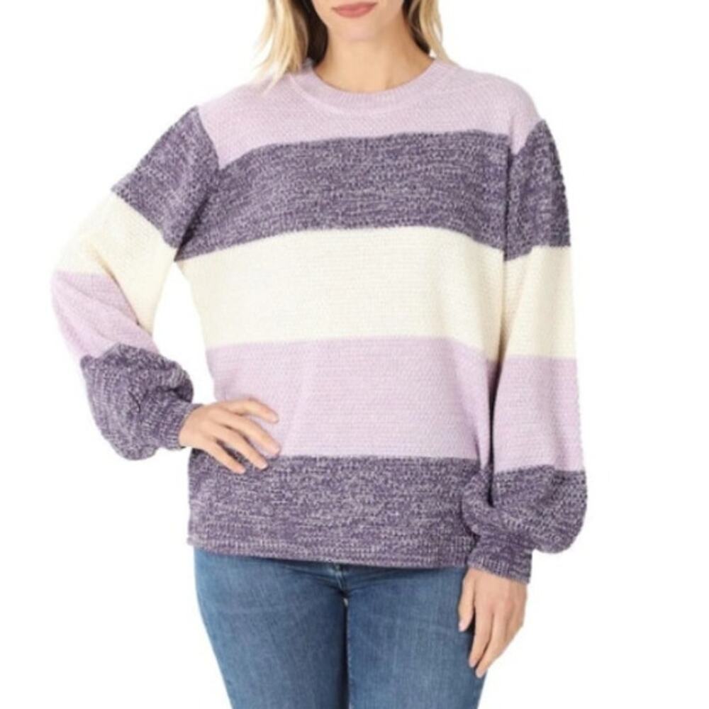 Zenana Lilac/Multi Colorblock Balloon Sleeve Knit Sweater Women's Large NWOT